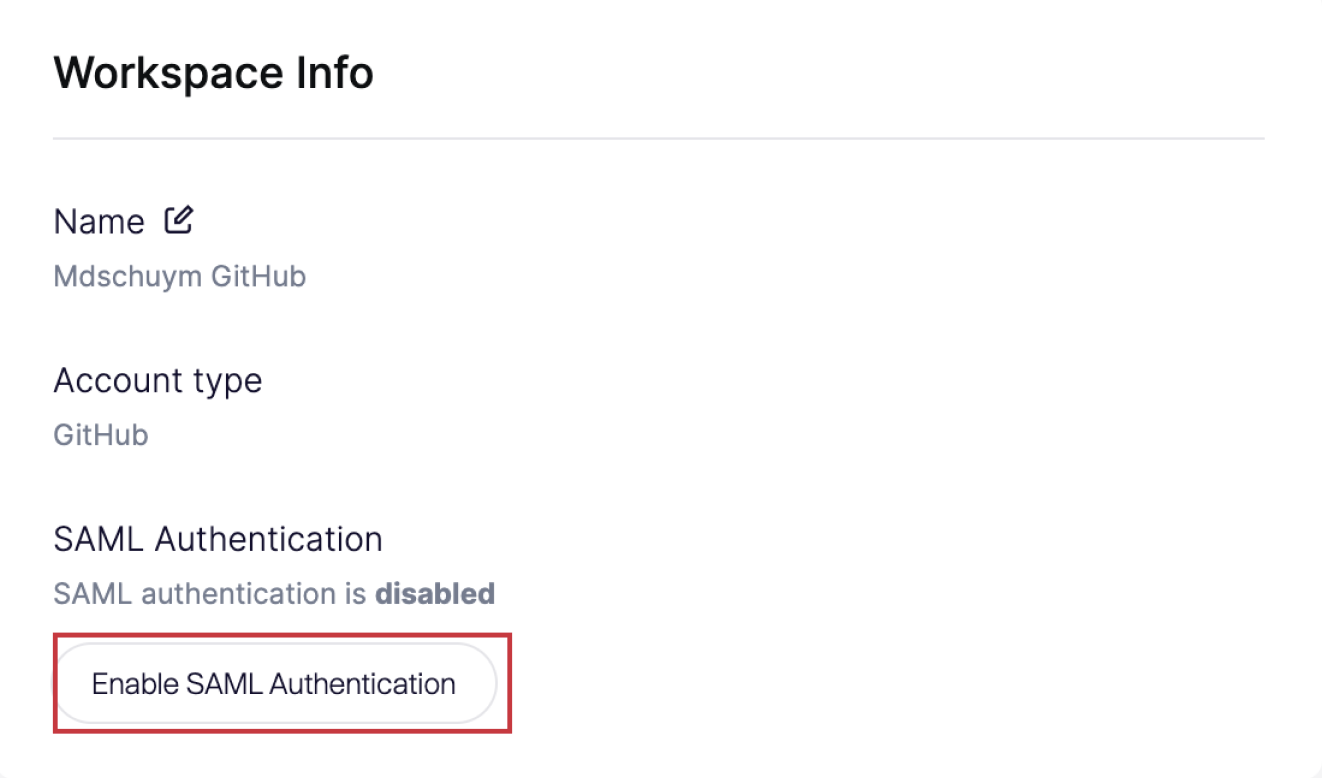 SAML認証を有効にするオプションを示すワークスペース情報ページ。
