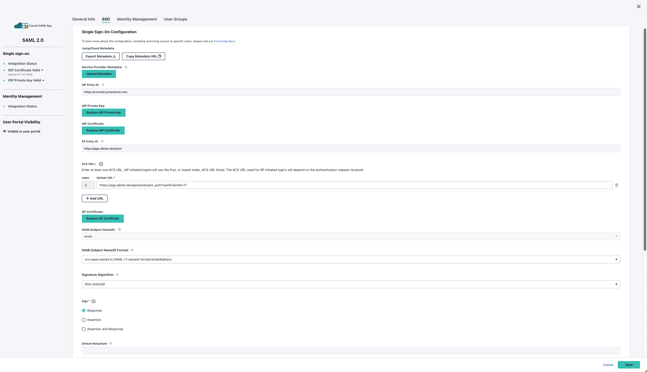 安全なアイデンティティ管理統合のためのSAML 2.0シングルサインオン設定。