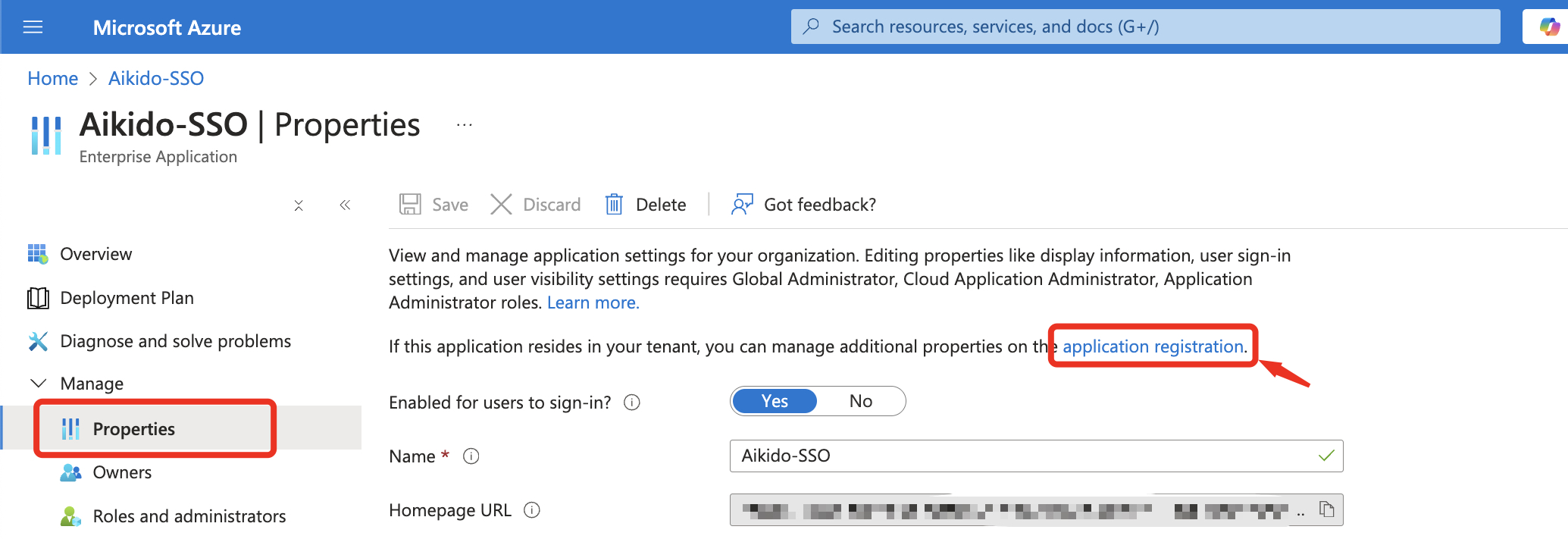 Aikido-SSOエンタープライズアプリケーションのプロパティと設定を管理するAzureポータル画面。