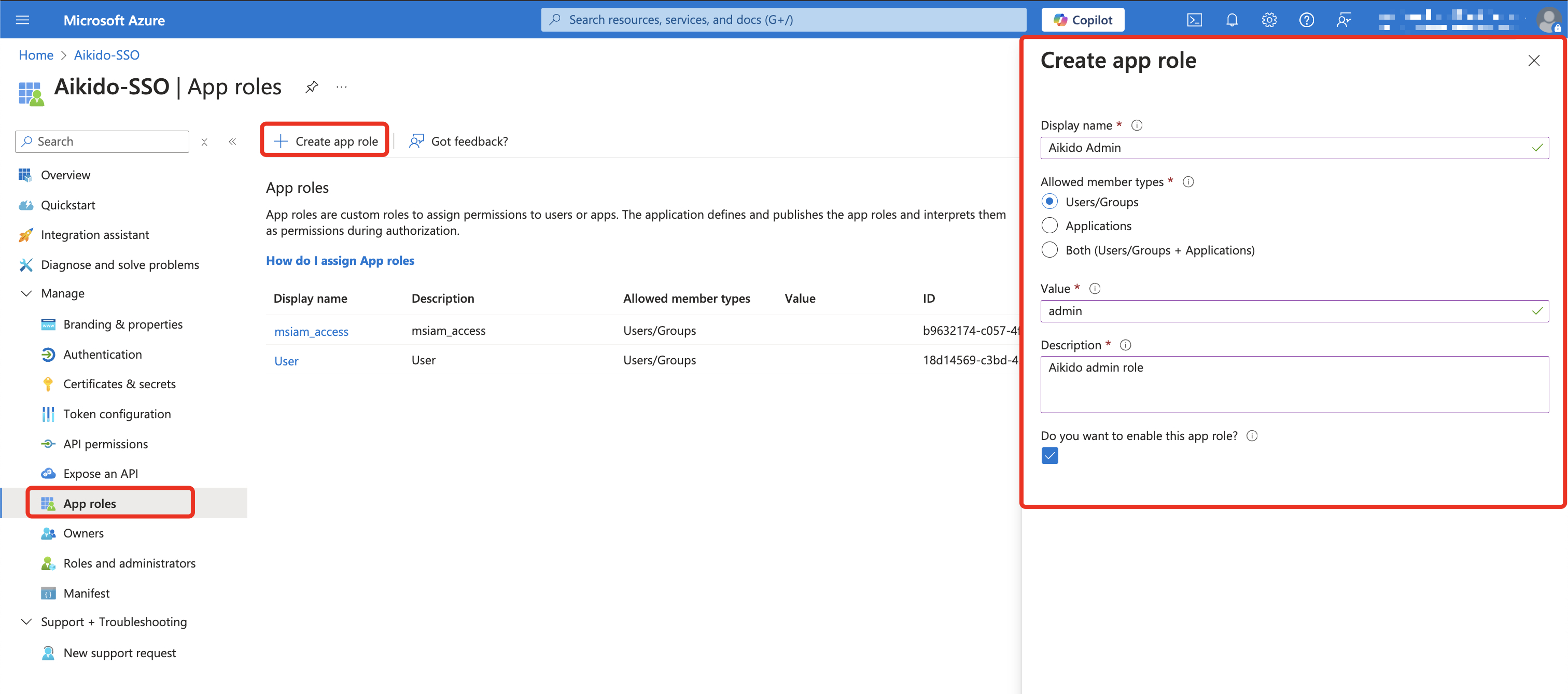 Aikido-SSO用にMicrosoft Azureで新しいアプリロール「Aikido Admin」を作成する画面。