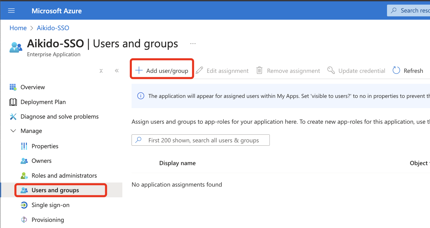Azureポータル: Aikido-SSOエンタープライズアプリケーションにユーザーまたはグループを割り当てる画面。