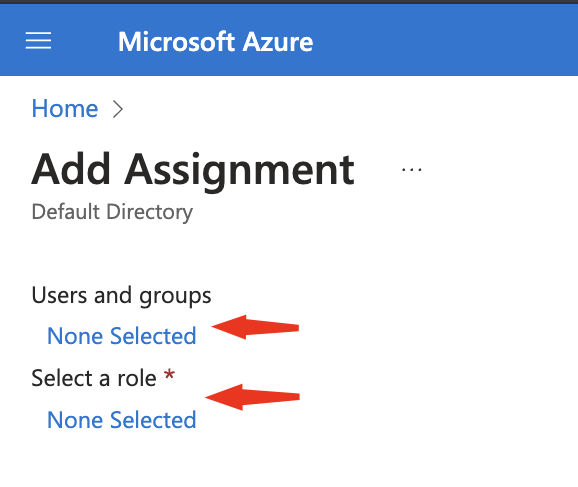 Azure Add Assignment: ディレクトリ権限のためのユーザー、グループ、ロールの選択画面。