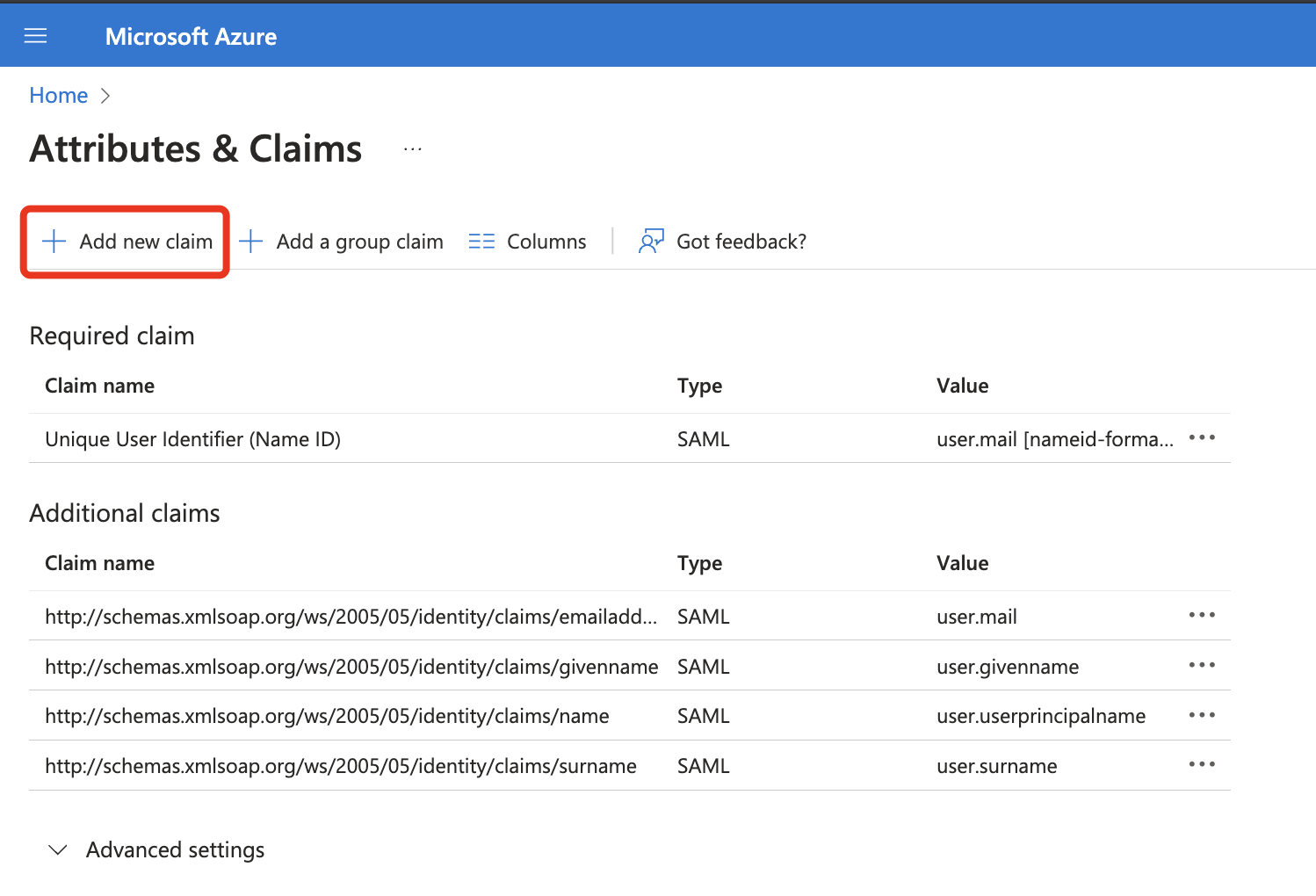 SAMLクレームの追加・管理を行うAzureポータルAttributes & Claimsページ。