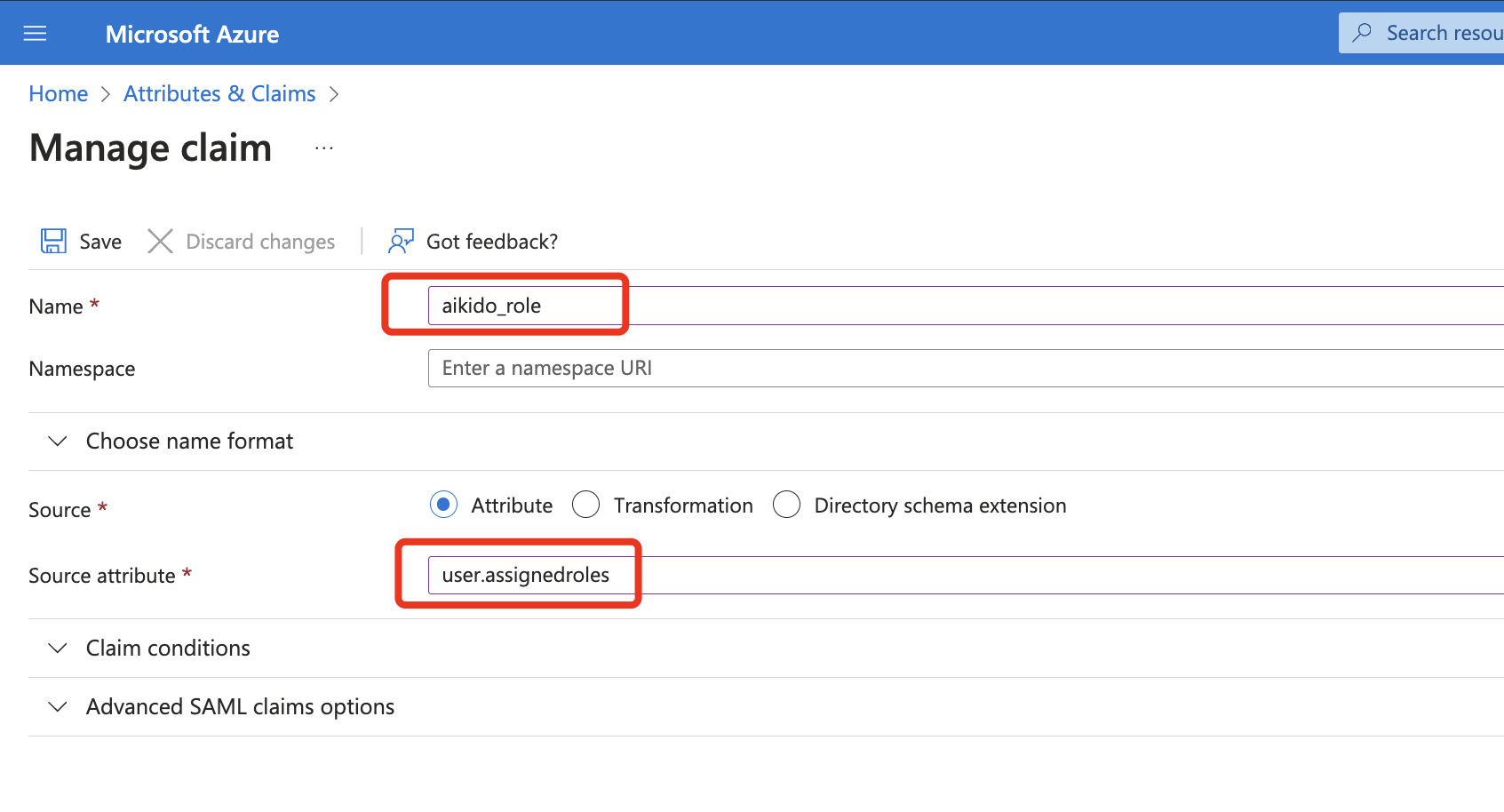 Azureクレーム設定: 「aikido_role」を「user.assignedroles」属性にマッピングする画面。