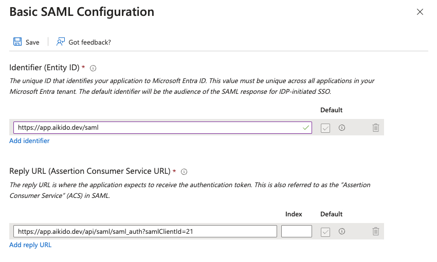 Entity IDとReply URLフィールドを指定したSAML SSO設定画面。