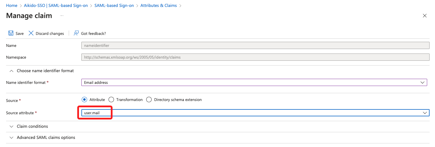 Azure ADでname identifierとしてユーザーのメールアドレスを使用するSAMLクレームの設定。