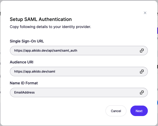 設定に必要なURLとName ID formatを示すSAML Authentication設定画面。