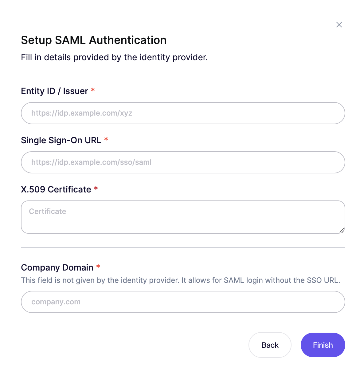 セキュアなシングルサインオン設定のためにSAML認証の詳細を入力するフォーム。