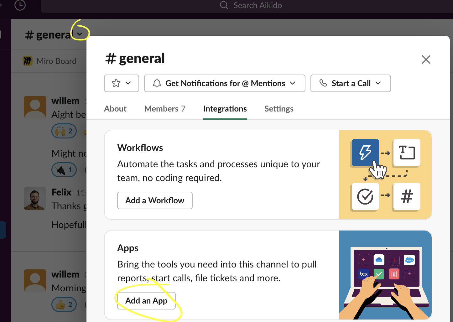 ワークフローやアプリを追加するオプションが表示されたSlackチャンネルの連携タブ。ボタンがハイライトされている。