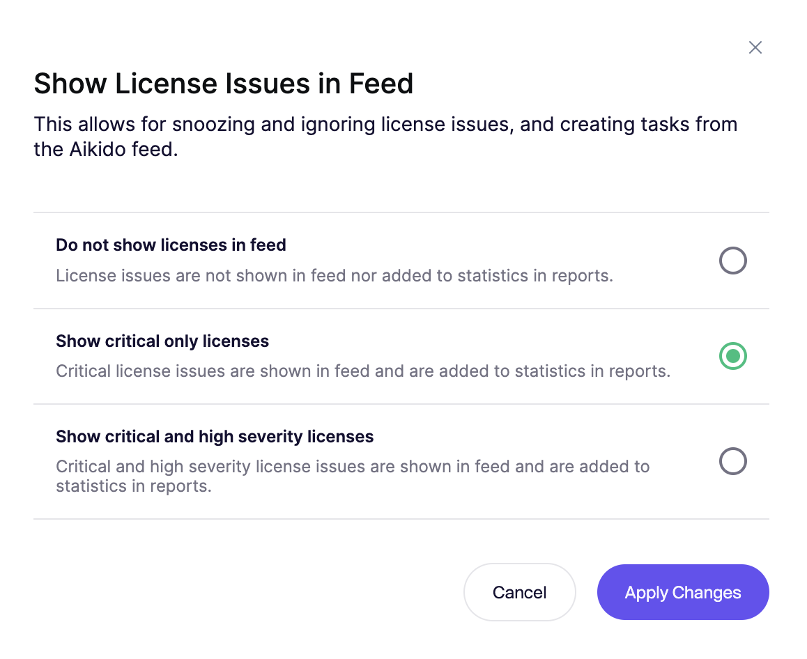 重要度でのフィルタリングとレポートのオプションがあるライセンス問題のFeed設定