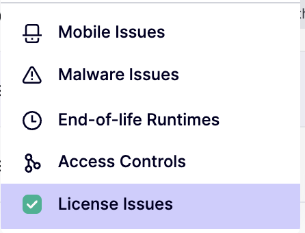 解決済みのLicense Issuesがハイライトされたセキュリティダッシュボードメニュー