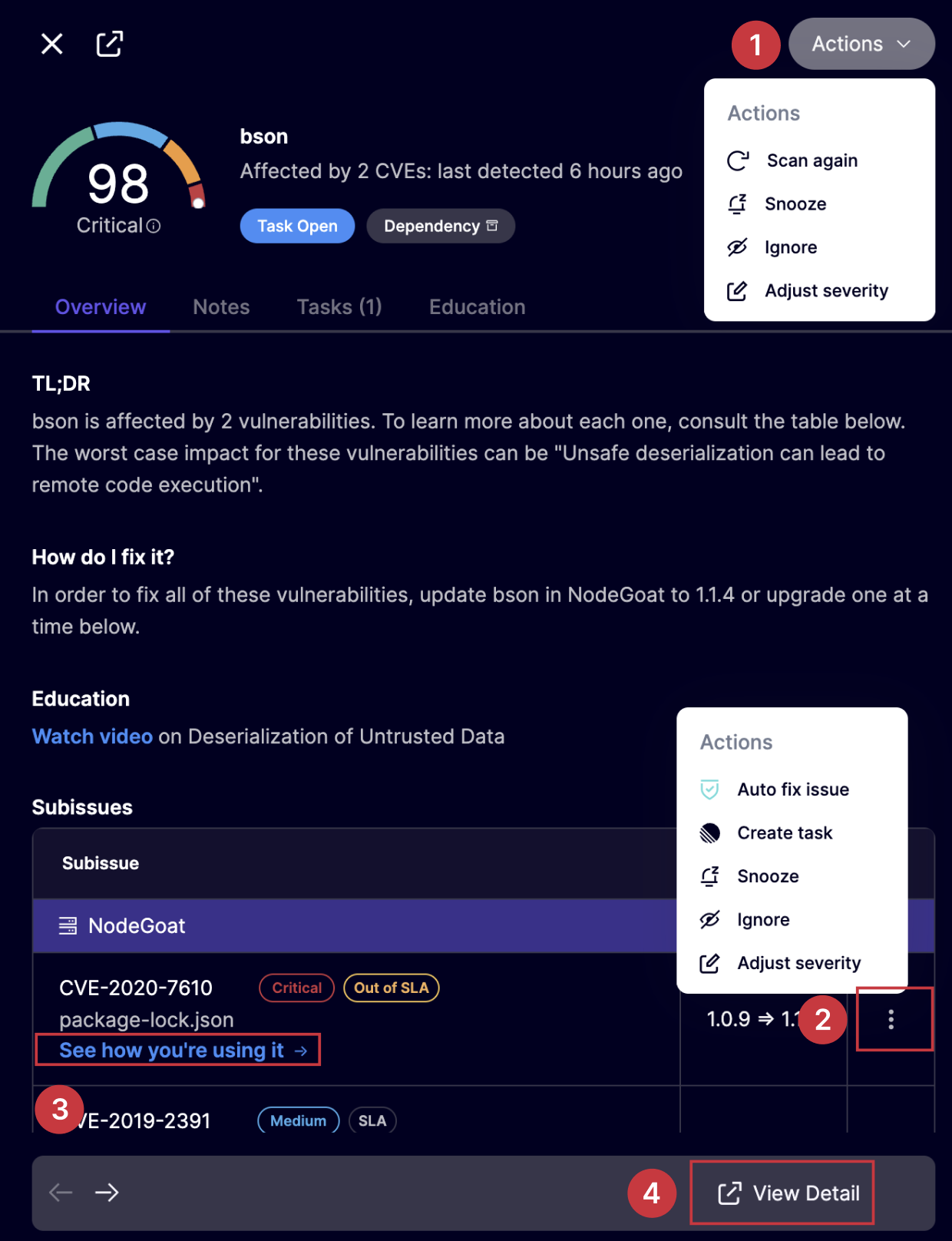 「bson」パッケージのクリティカルな脆弱性と対応可能なステップを示すセキュリティダッシュボード
