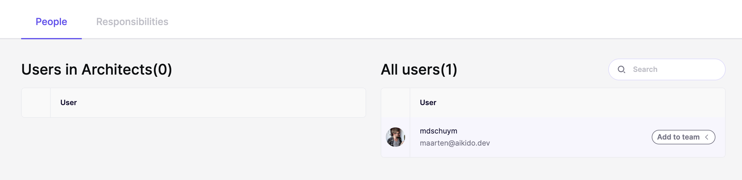「Architects」チームにメンバーを割り当てるユーザー管理インターフェース