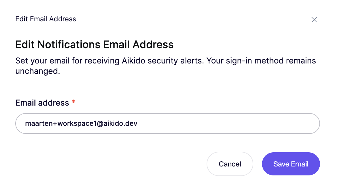 Aikidoのセキュリティアラートを受信する通知メールアドレスの編集画面。