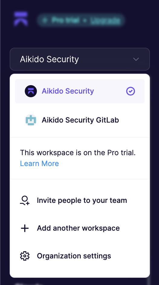 チーム管理と設定のオプションを持つAikido Securityのワークスペースメニュー。