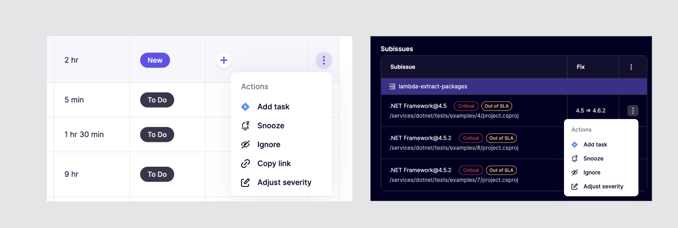 ワークフローとissue処理のアクションメニューを表示するタスク管理インターフェース。