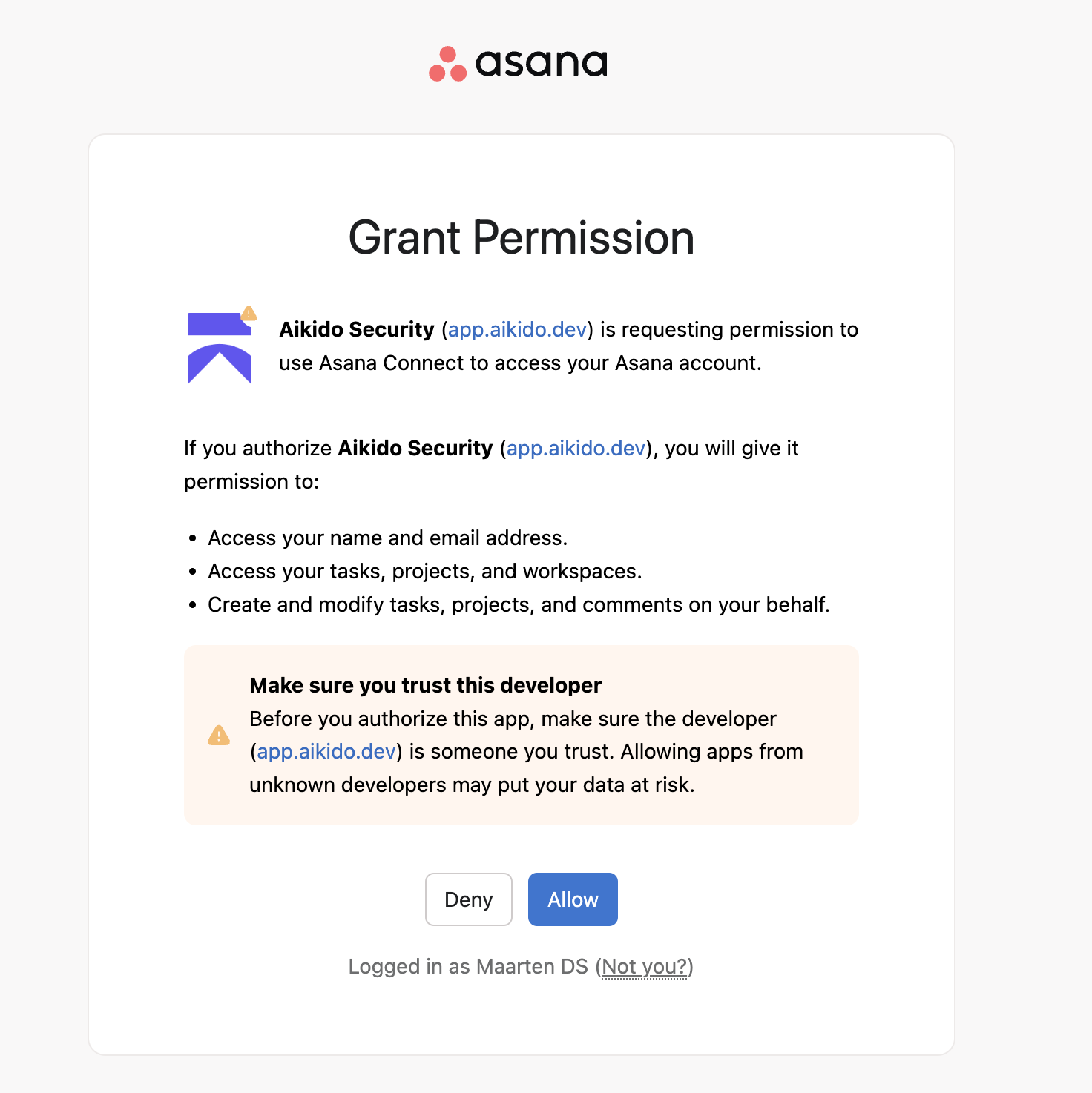 Aikido SecurityがAsanaアカウントデータへのアクセス・変更権限を求める許可リクエスト。