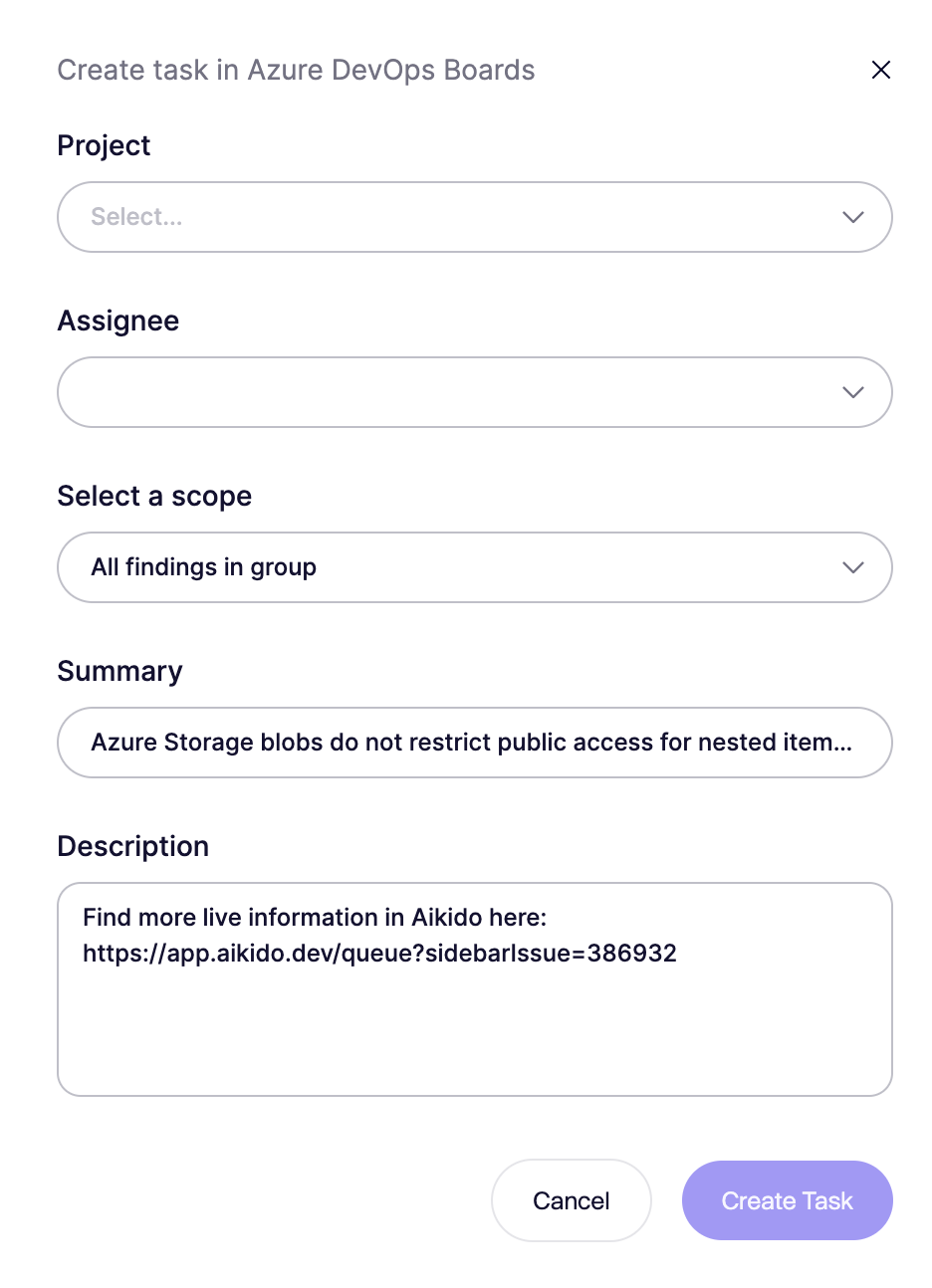 プロジェクト・担当者・スコープ・要約・説明の項目を含むAzure DevOps Boardsのタスク作成フォーム。