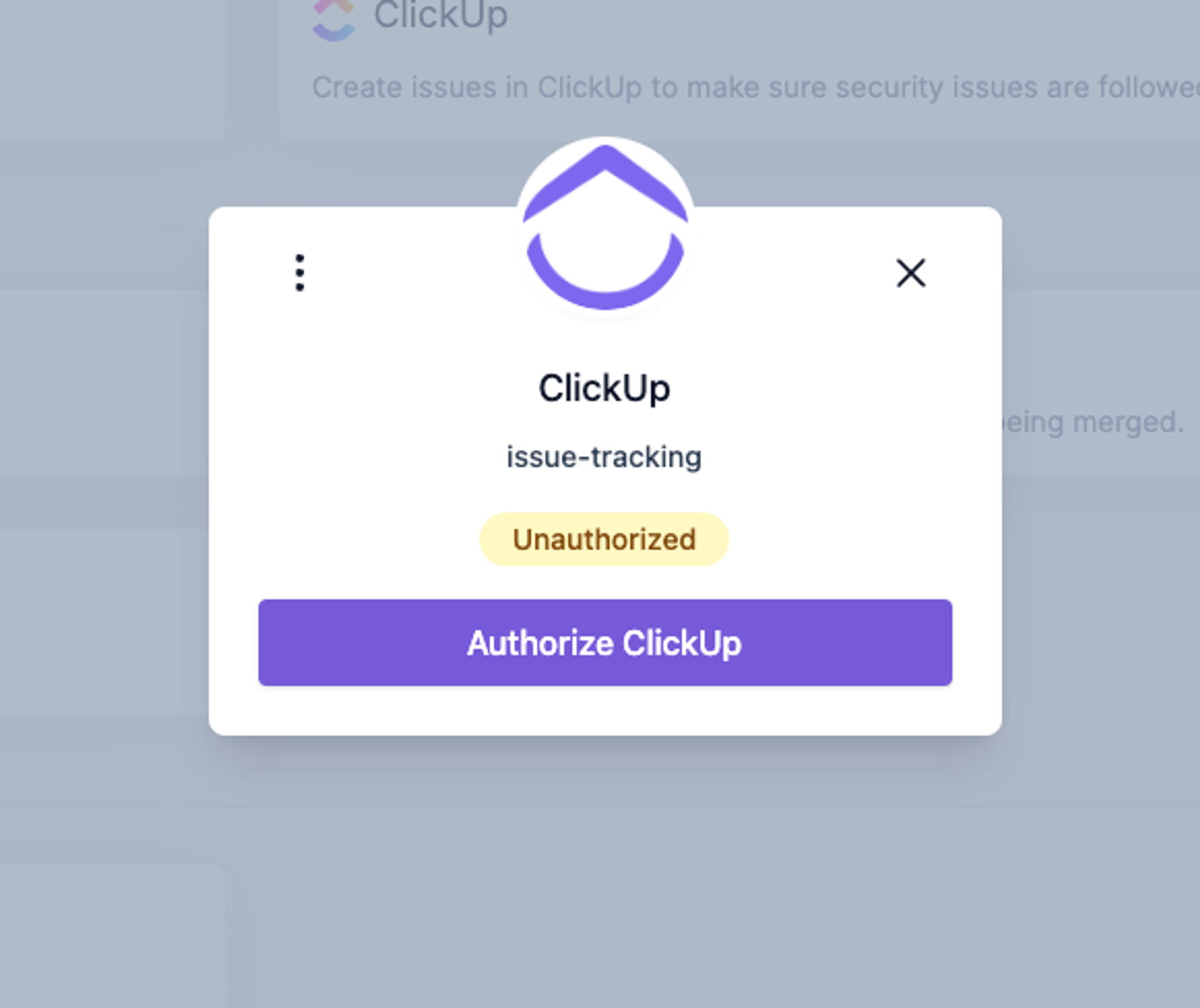 ClickUp認可プロンプト。issue追跡のため、ユーザーは現在未認可の状態。