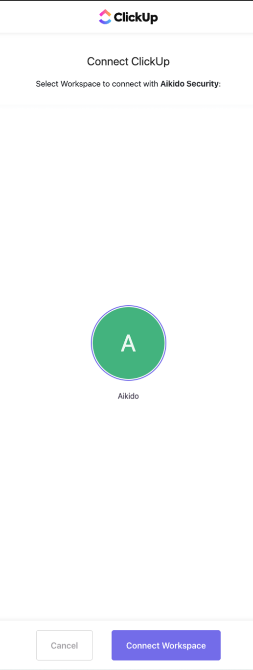Aikido Securityインテグレーションと接続するためのClickUpワークスペース選択画面。
