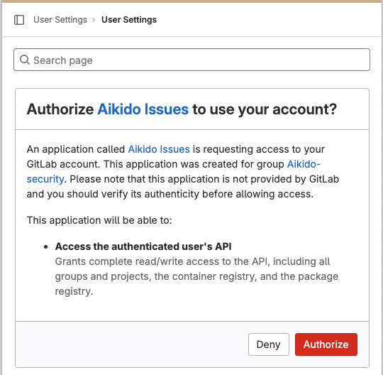 Aikido IssuesがGitLabユーザーのAPIとアカウントデータにアクセスするための認可プロンプト。