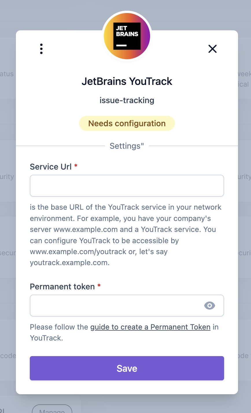 Service URLとトークンの設定が必要なJetBrains YouTrackインテグレーション設定画面。