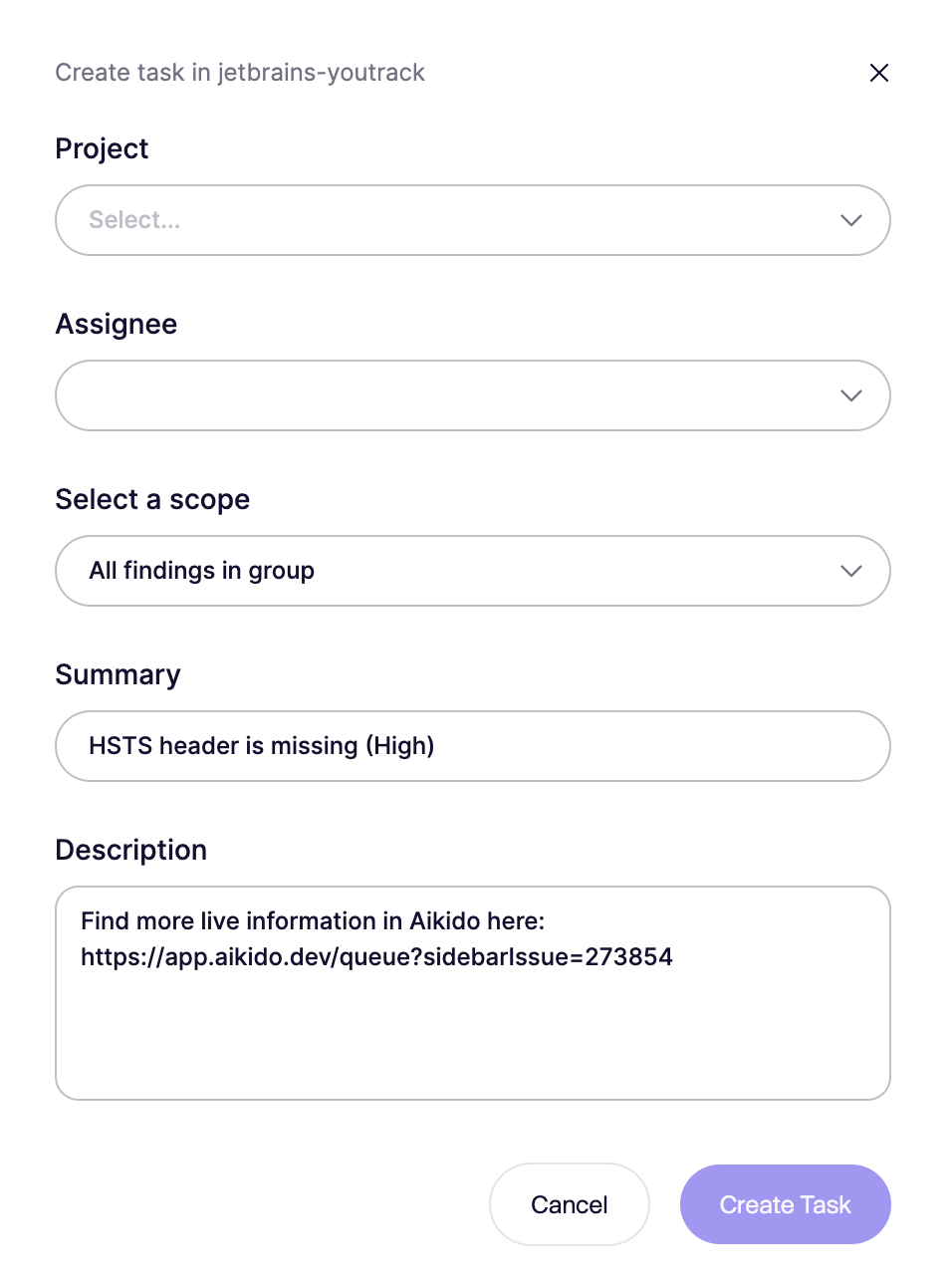 要約と詳細を含むJetBrains YouTrackでのセキュリティタスク作成フォーム。