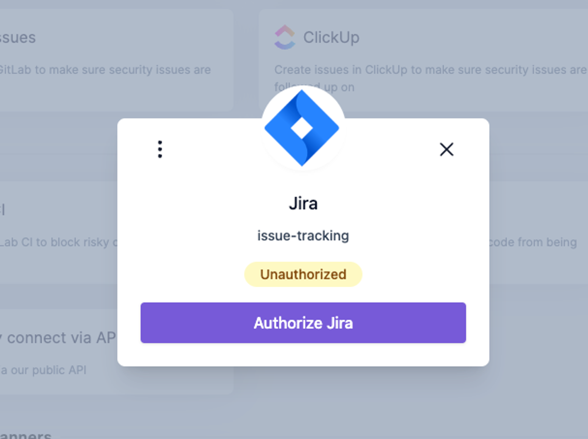 Jiraへのアクセスが未認可の状態。issue追跡インテグレーションのためのアカウント認可を求めるプロンプト。