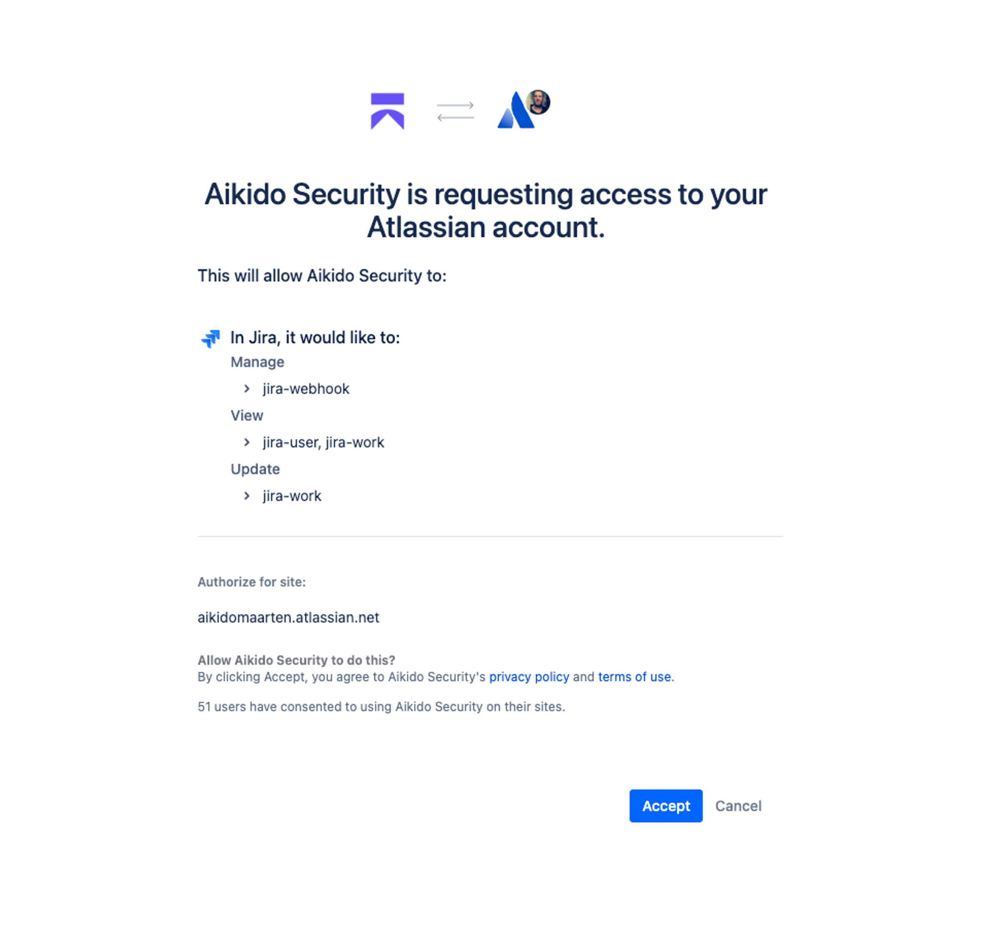 Aikido SecurityがAtlassian Jiraアカウントへのアクセス・管理権限を求めるリクエスト。