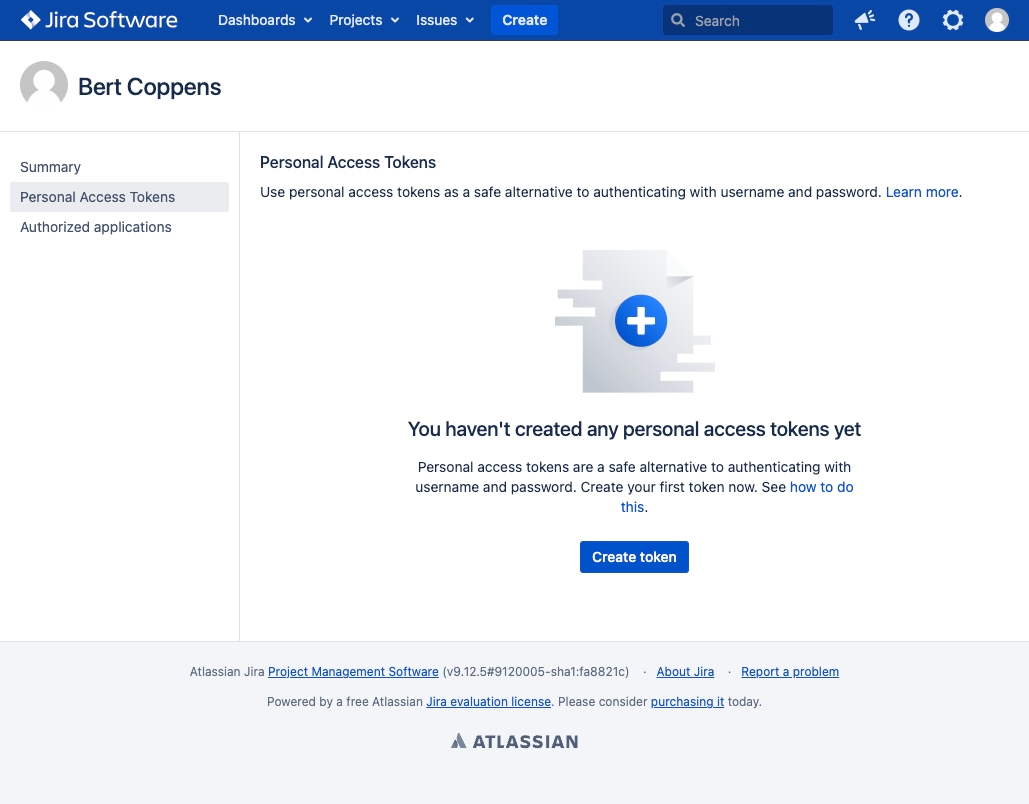初めてのトークン作成を促すJira Softwareのパーソナルアクセストークンページ。