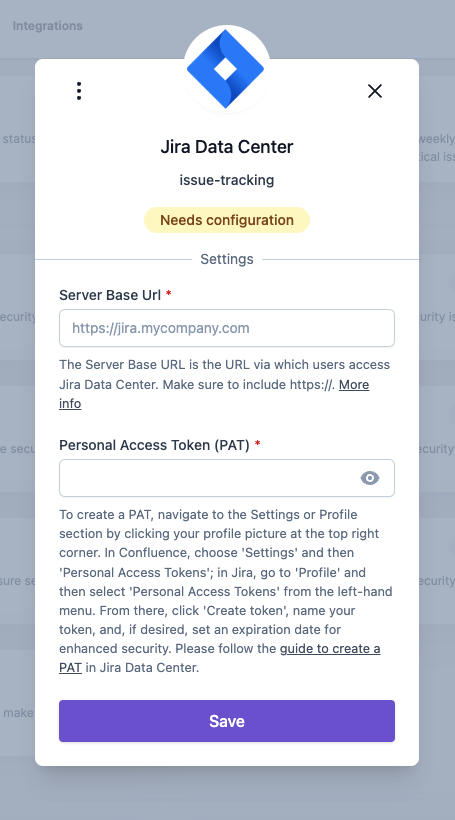 Jira Data Centerインテグレーションのセットアップ: サーバーURLとパーソナルアクセストークンを入力。