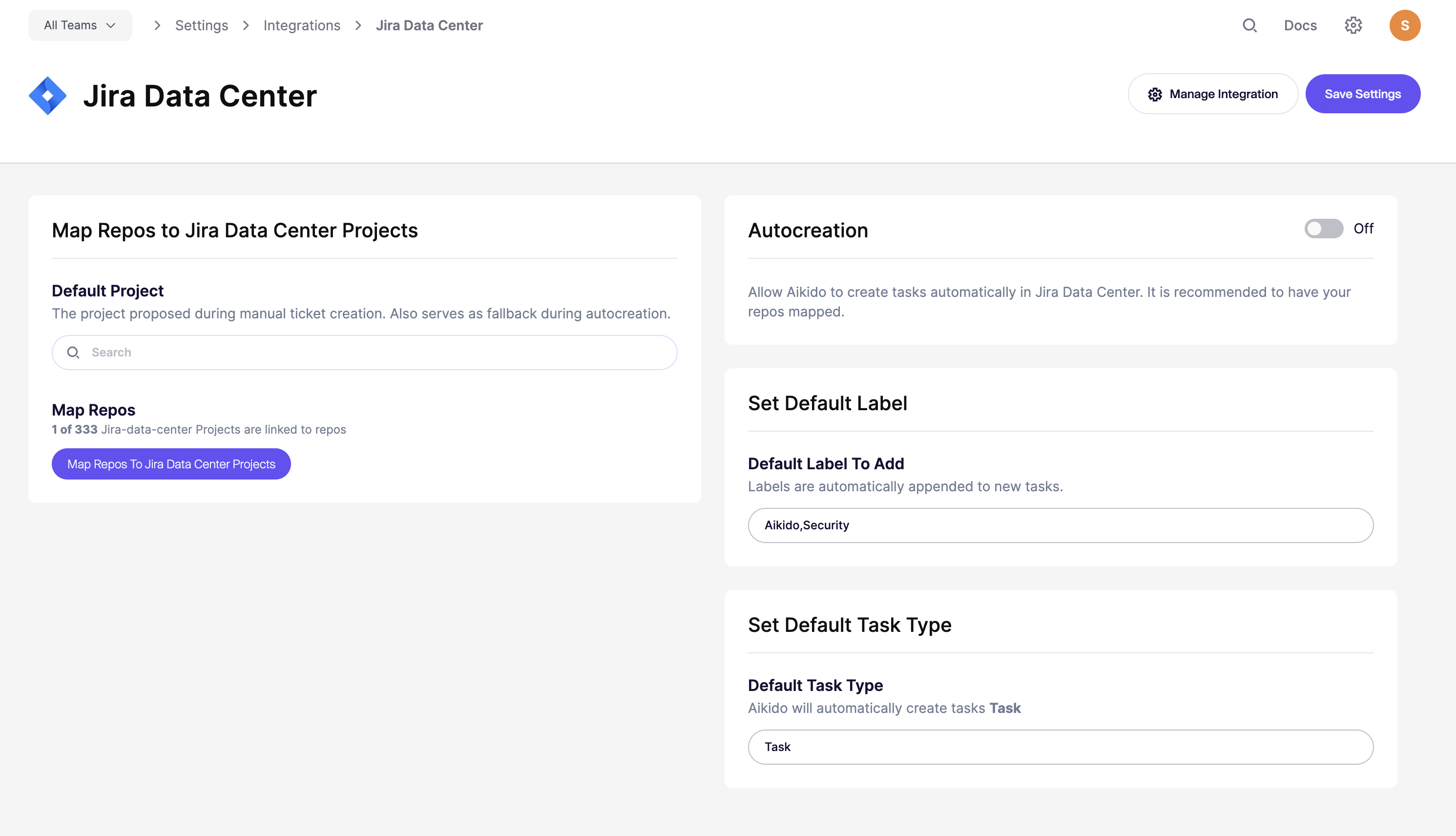 リポジトリのマッピング、タスクの自動作成、デフォルトラベルのためのJira Data Centerインテグレーション設定。