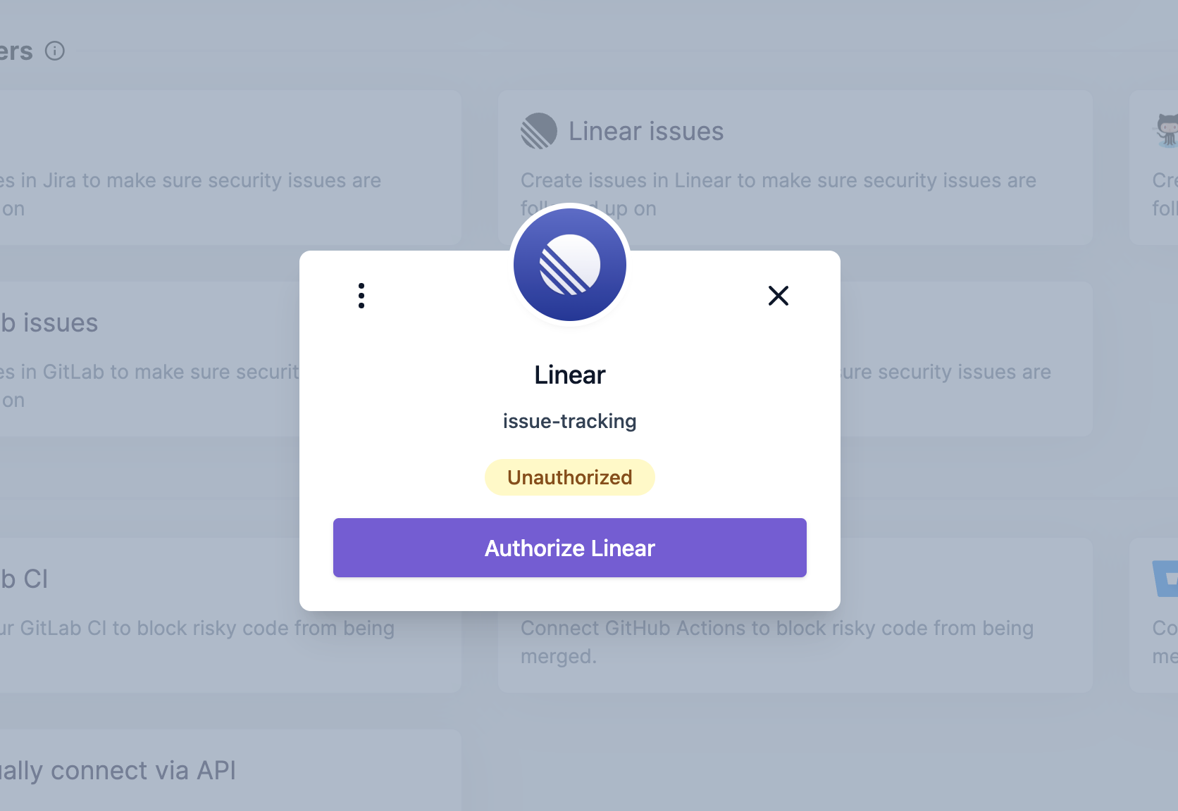 Linear issueトラッキングの認可プロンプト。現在ユーザーは未認可の状態。