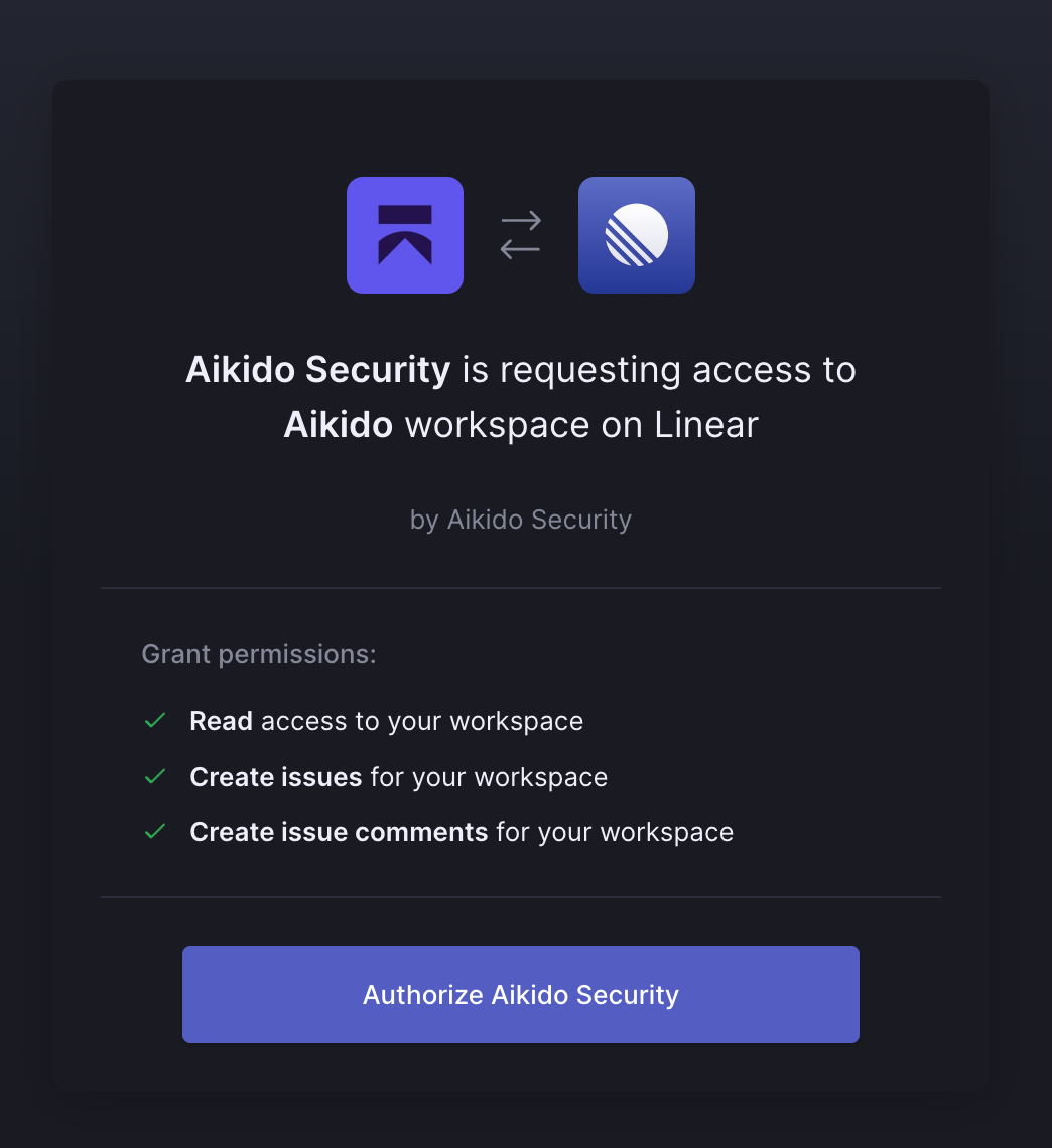 Aikido Securityが、Linearワークスペース内のissueを管理・コメントするためのアクセス許可をリクエスト。