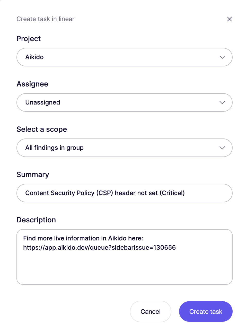 Aikidoで重大なContent Security Policyのissueを報告するためのタスク作成フォーム。