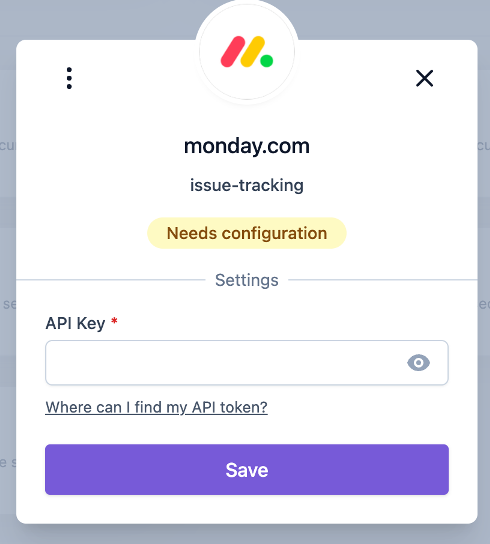 issueトラッキング設定のためのAPIキー入力を求めるMonday.comインテグレーションのセットアップ画面。