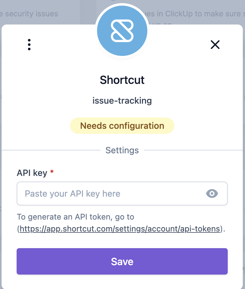 APIキーの設定を求めるShortcut issueトラッキングのセットアップ画面。