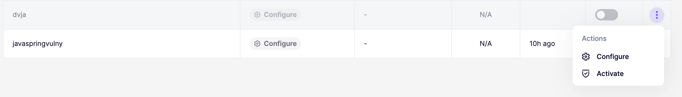 Javaspringvulnyエントリに対する「Configure」と「Activate」のアクションを表示するドロップダウンメニュー。