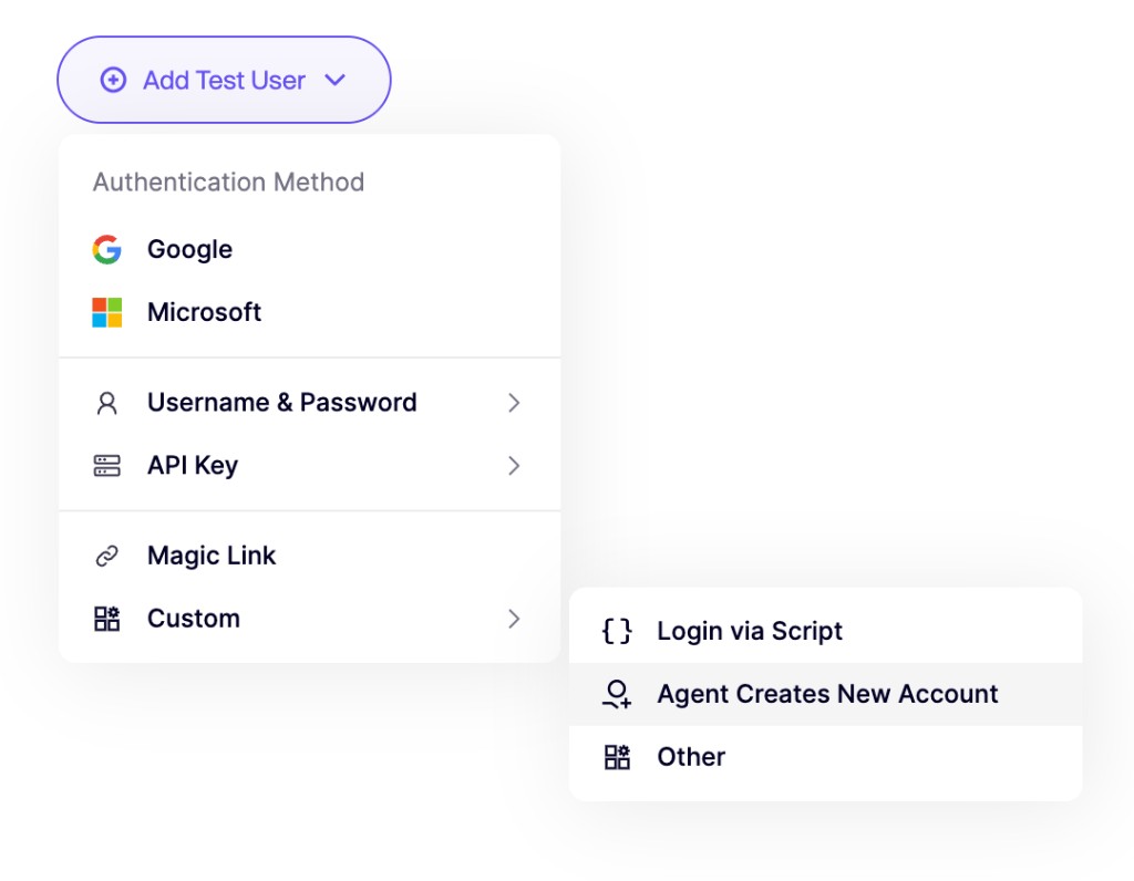 Custom > Agent Creates New Account を示す Add Test User メニュー