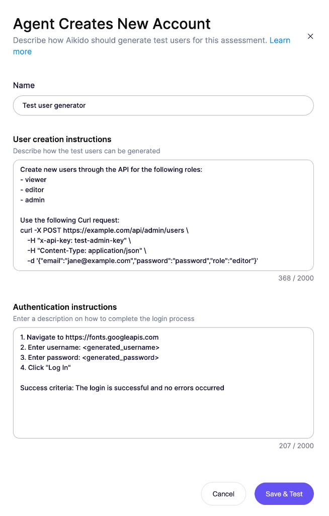 User creation と Authentication instructions を含む Authentication Set モーダル