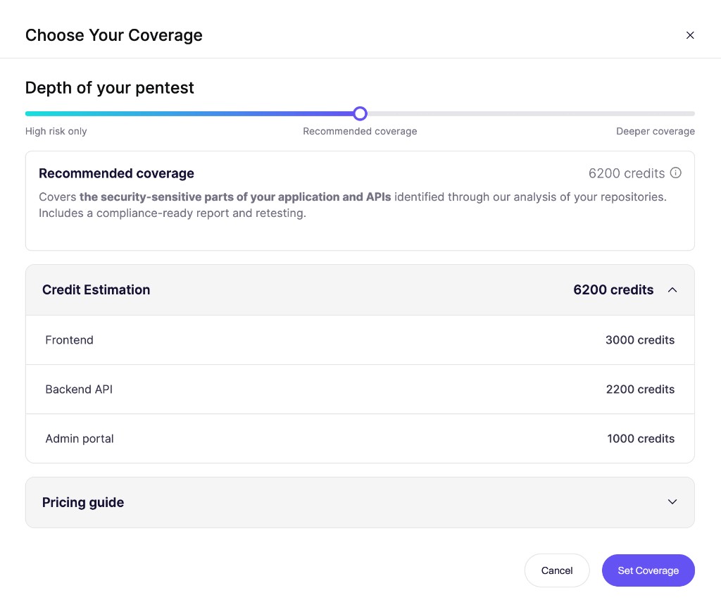カバレッジスライダーとリポジトリごとの内訳を示すクレジット見積もりを表示した「Choose Your Coverage」ダイアログ