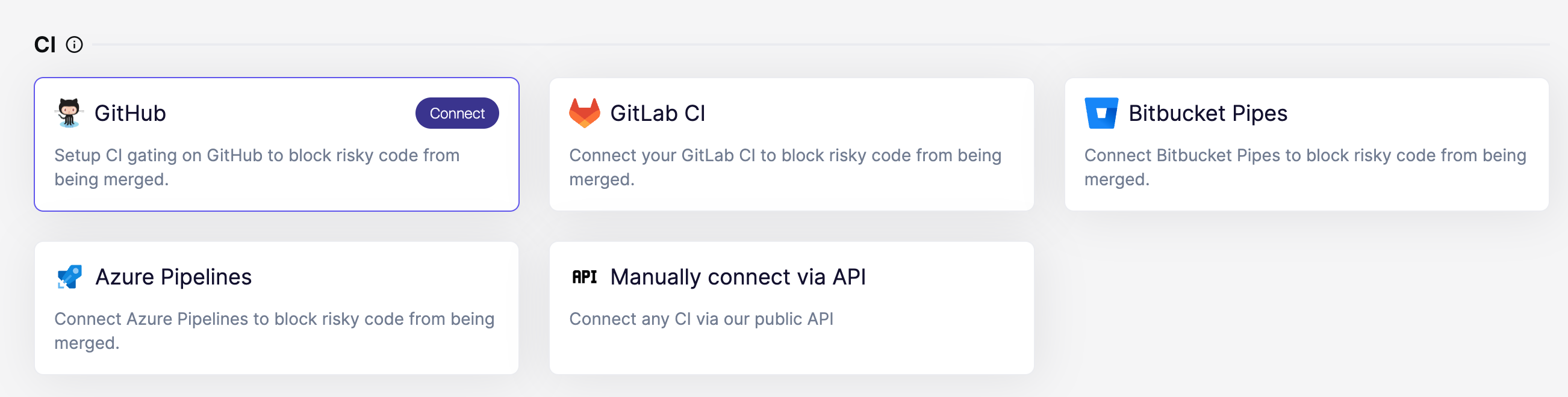 リスクのあるコードのマージをブロックするために、CIツール（GitHub、GitLab、Bitbucket、Azure）を接続する。