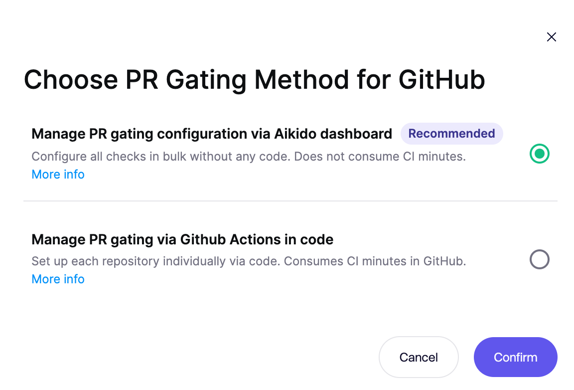 GitHub向けのPRゲーティング方法（Aikidoダッシュボードまたはコード内のGitHub Actions）を選択する。