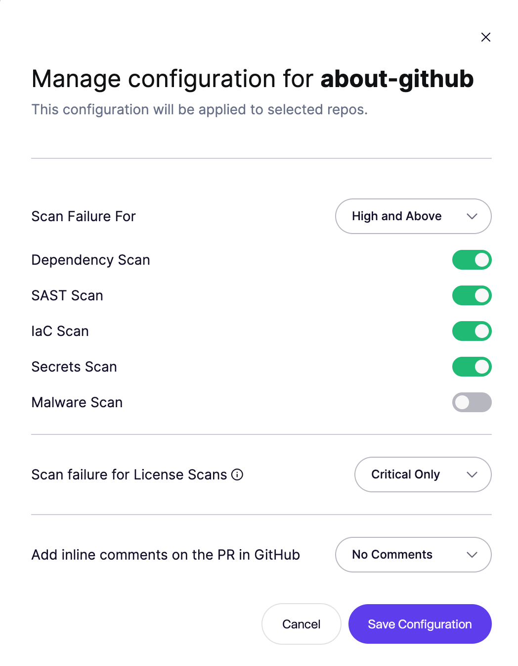 "about-github"リポジトリのセキュリティスキャン設定。