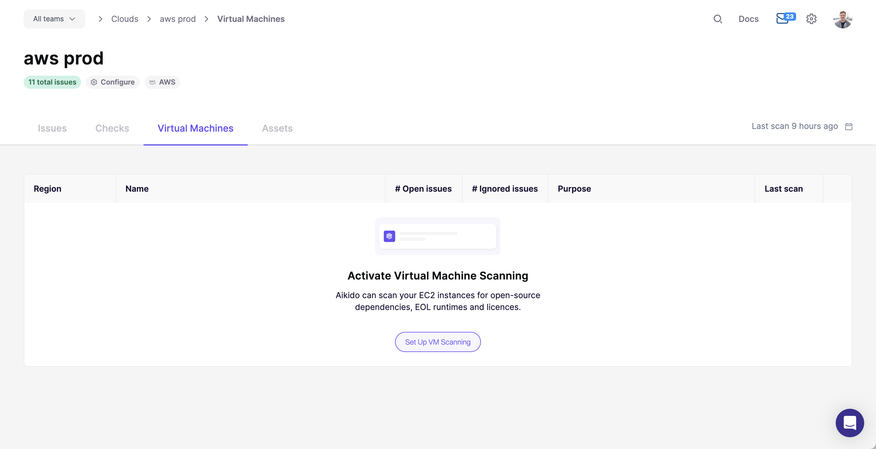 AWS EC2インスタンスのVMスキャンを有効化してオープンソース依存関係の問題を検出する。