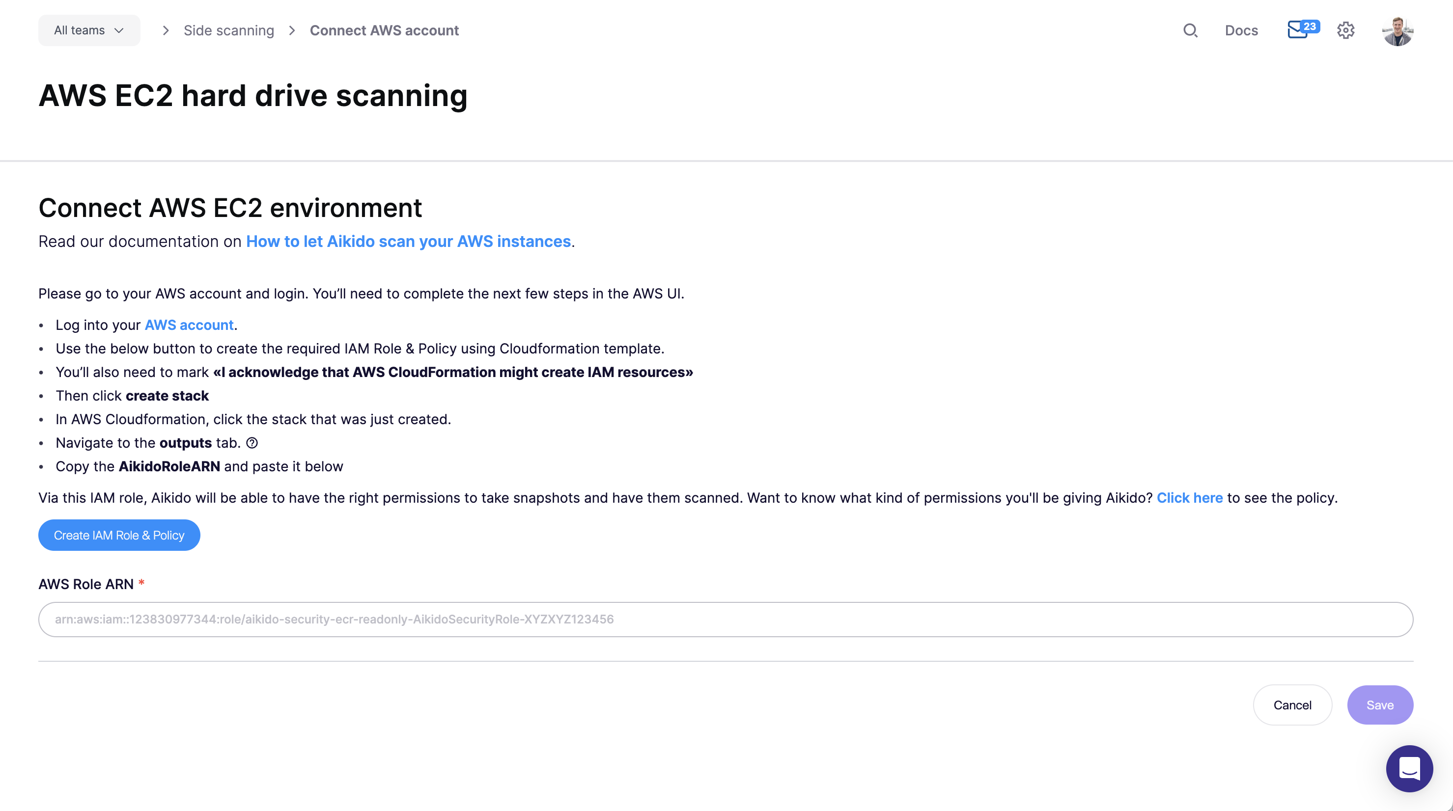IAMロールとポリシー作成手順を伴うAWS EC2ボリュームスキャンのセットアップ。