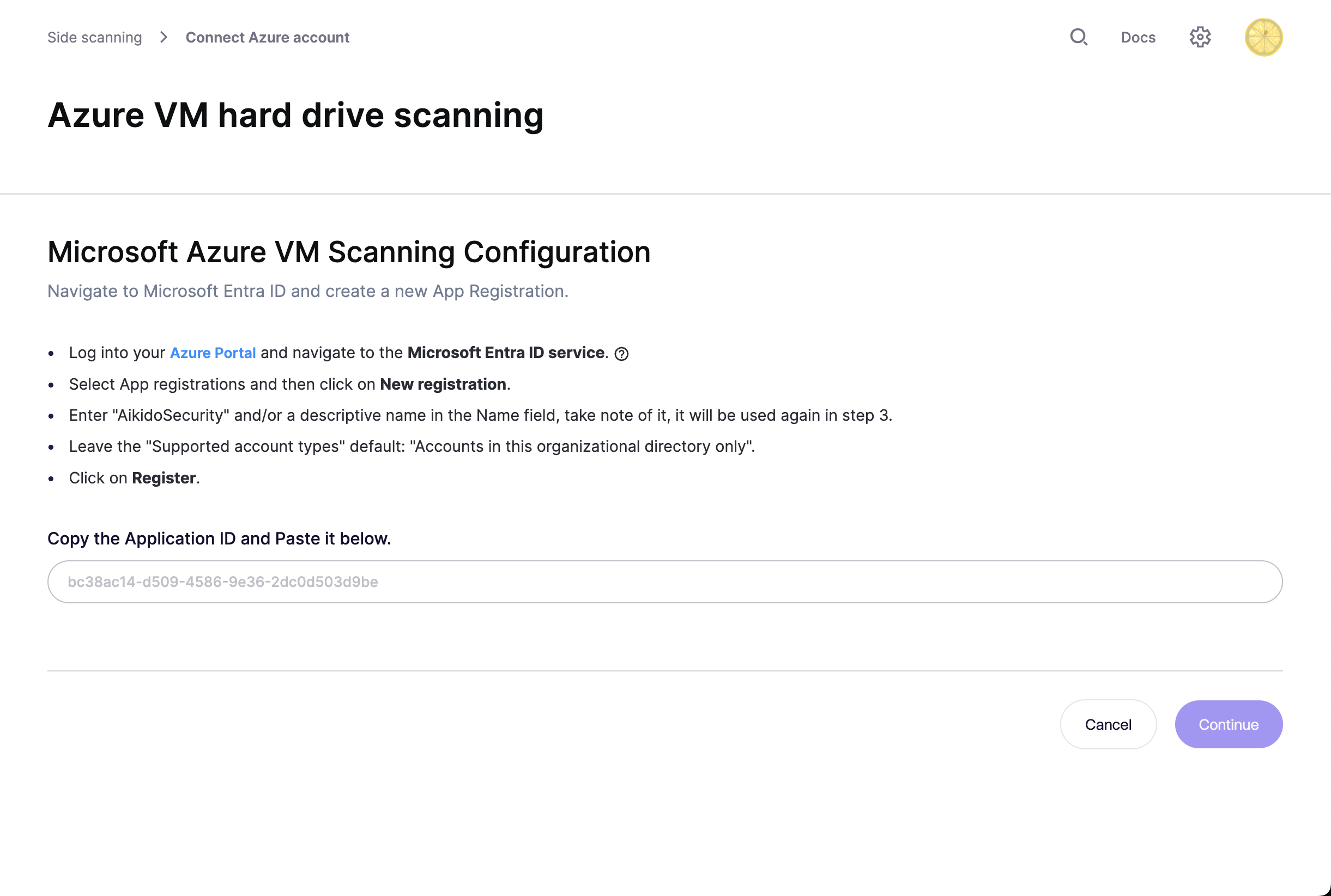 Application ID入力フィールドがあるAzure VMスキャンのセットアップ手順画面。