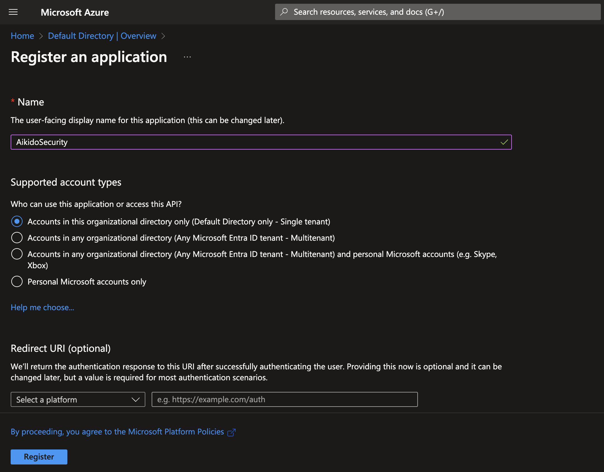 「AikidoSecurity」という名前の新しいアプリケーションを登録するAzureポータルの画面。アカウント種別の選択も表示されている。