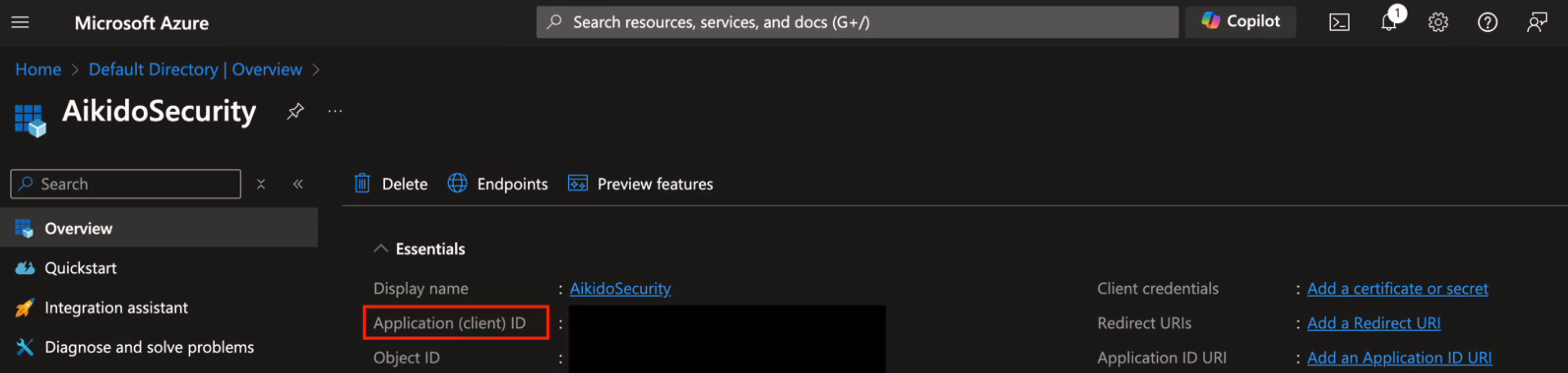 AikidoSecurityアプリケーションのクライアントIDと主要な概要情報を表示するAzureポータル画面。