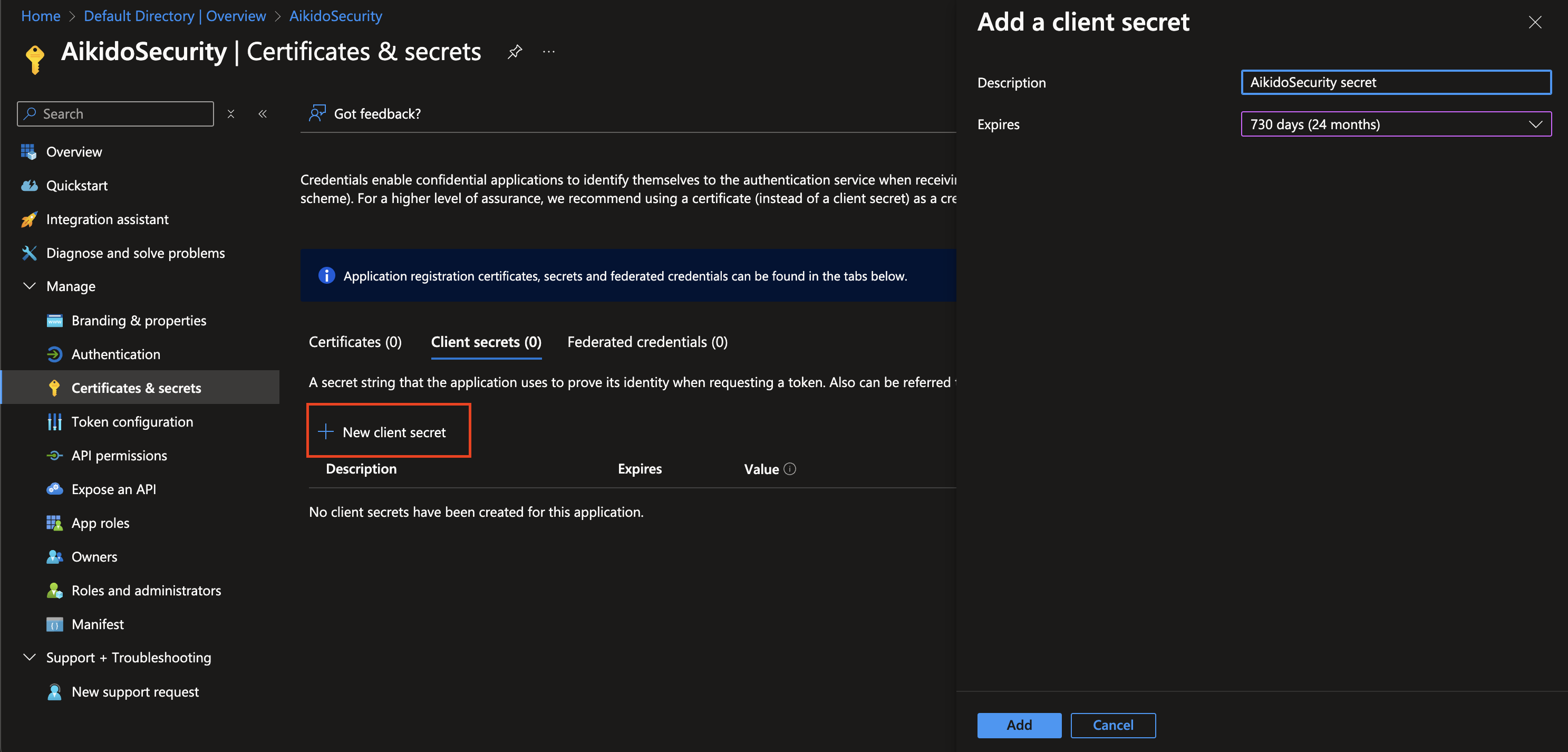 アプリケーション認証用の新しいクライアントシークレットをAzure ADで作成する画面。